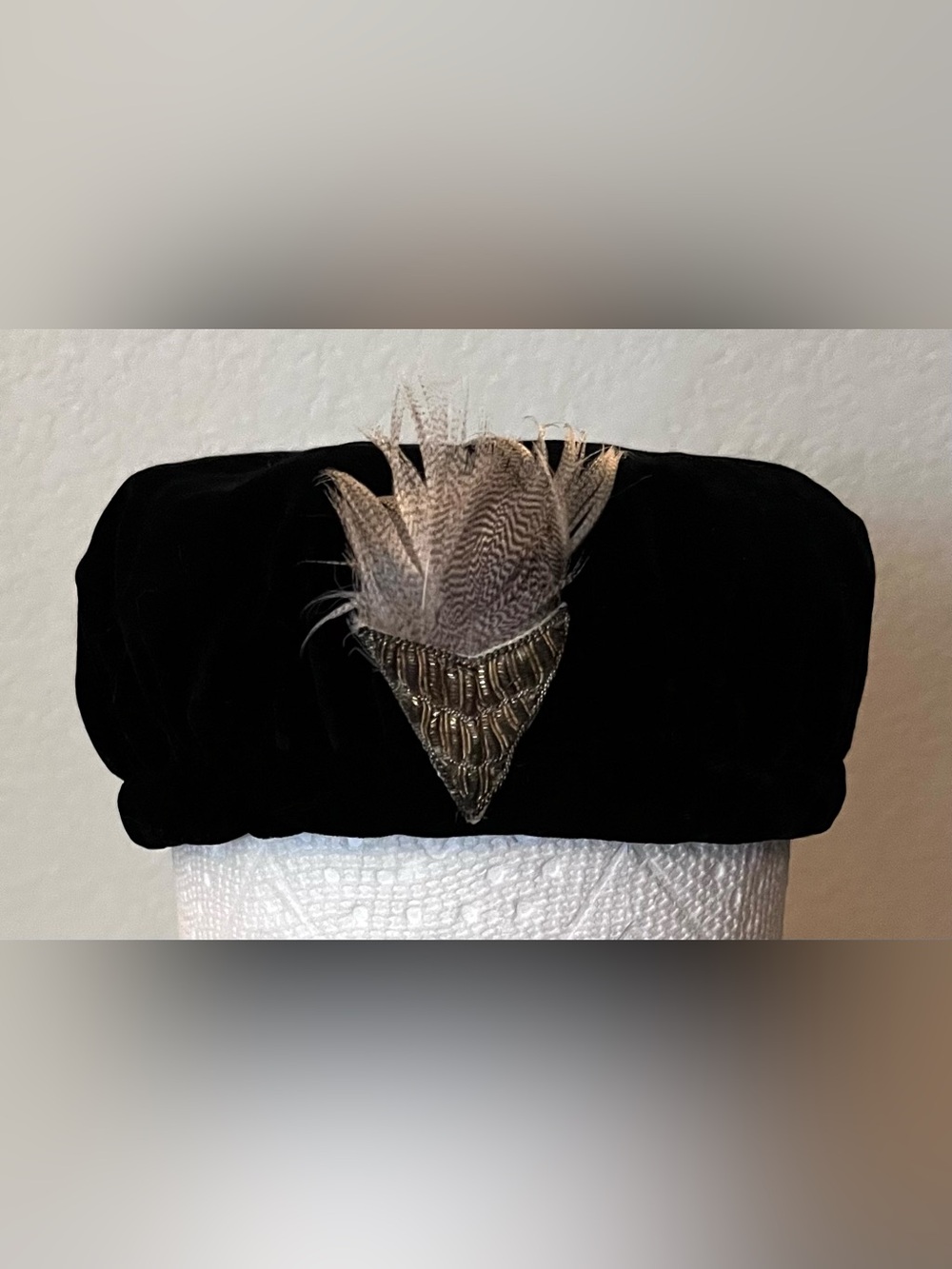 Vintage (1940s-1960s) Black Velvet Evening Hat w/Pheasant Feather Accent
